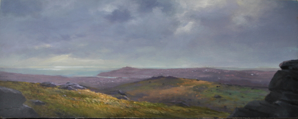 From Hay Tor towards Teignmouth, 28.5 x 73cm, oil wood panel